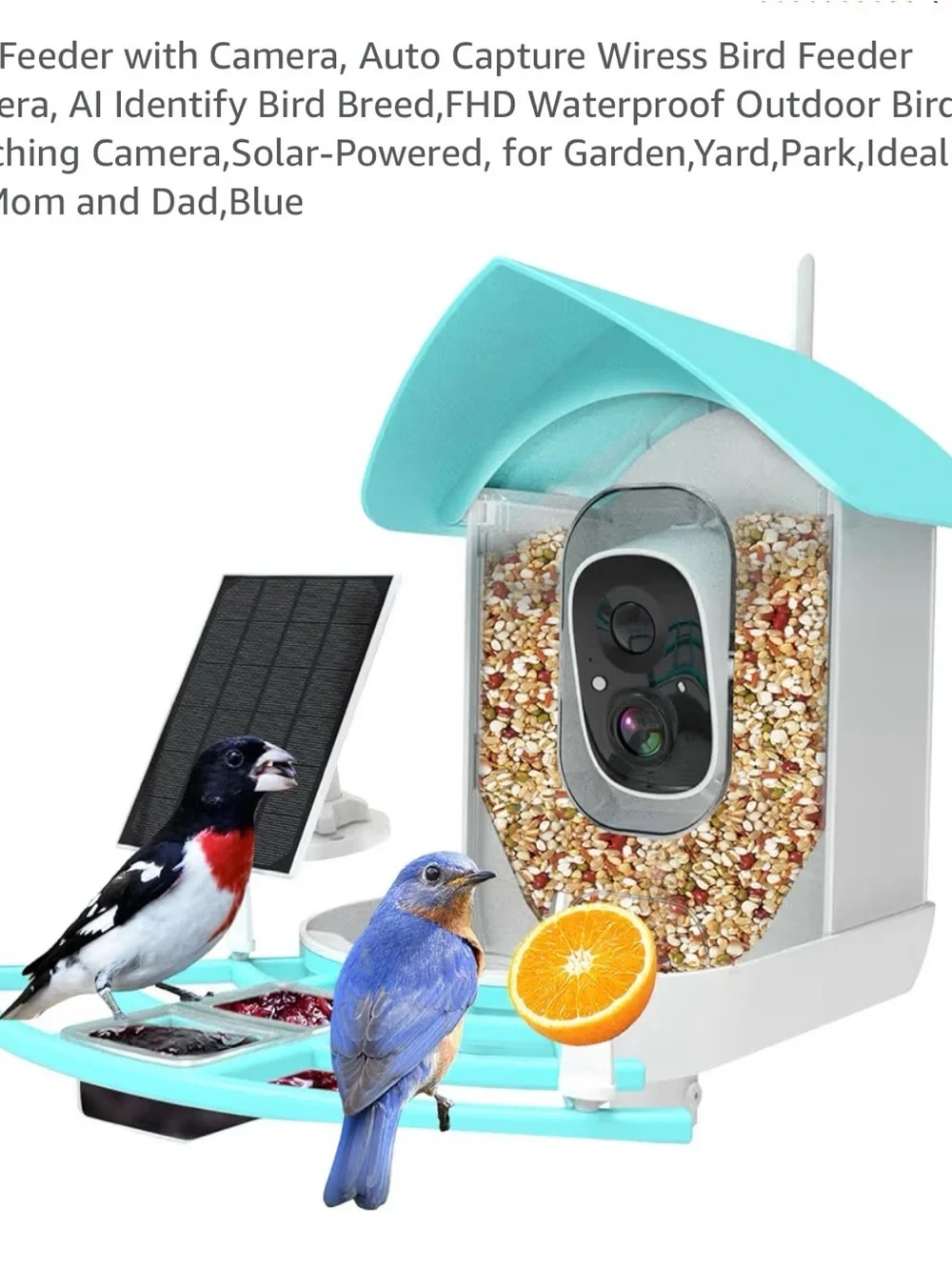 Smart Bird Feeder AI Camera - White & Aqua